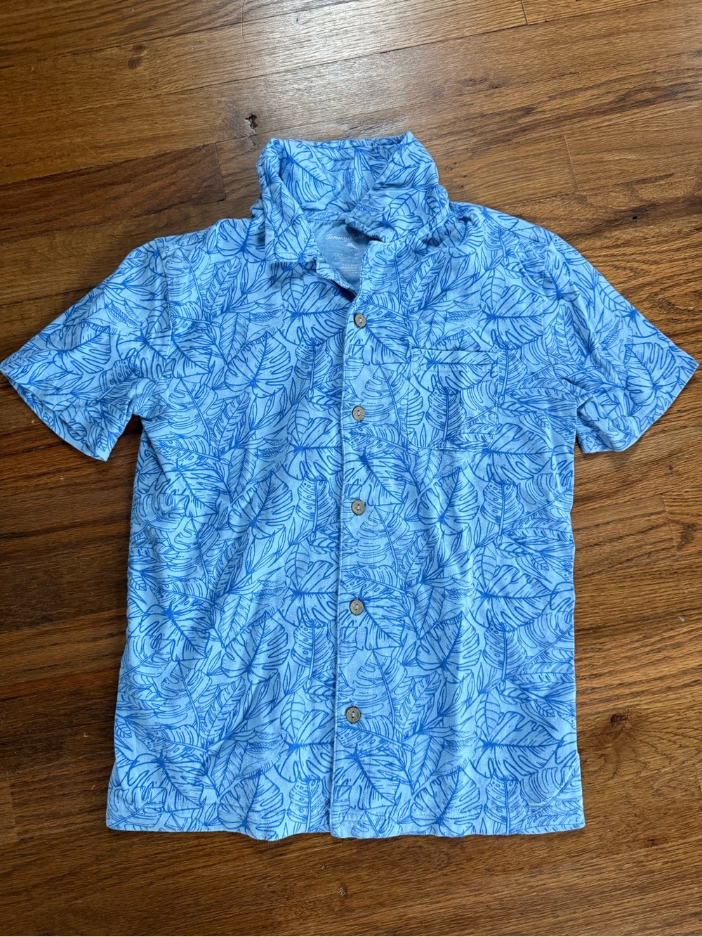 Boys Short-Sleeve Blue Leaf Print Button-Up Shirt